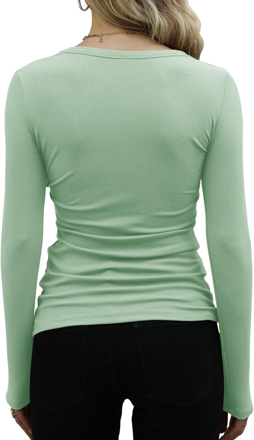 GEMBERA Womens Ribbed Long Sleeve Crewneck Casual Slim Basic Shirts Fitted Knit Tops - Image 2