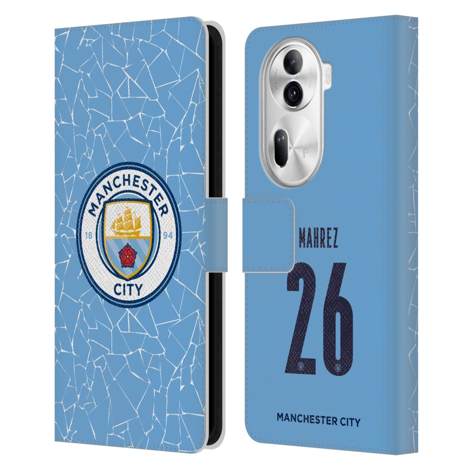 Head Case Designs Officially Licensed Manchester City Man City FC Riyad Mahrez 2020/21 Players Home Kit Group 1 Leather Wallet Case Compatible with Oppo Reno11
