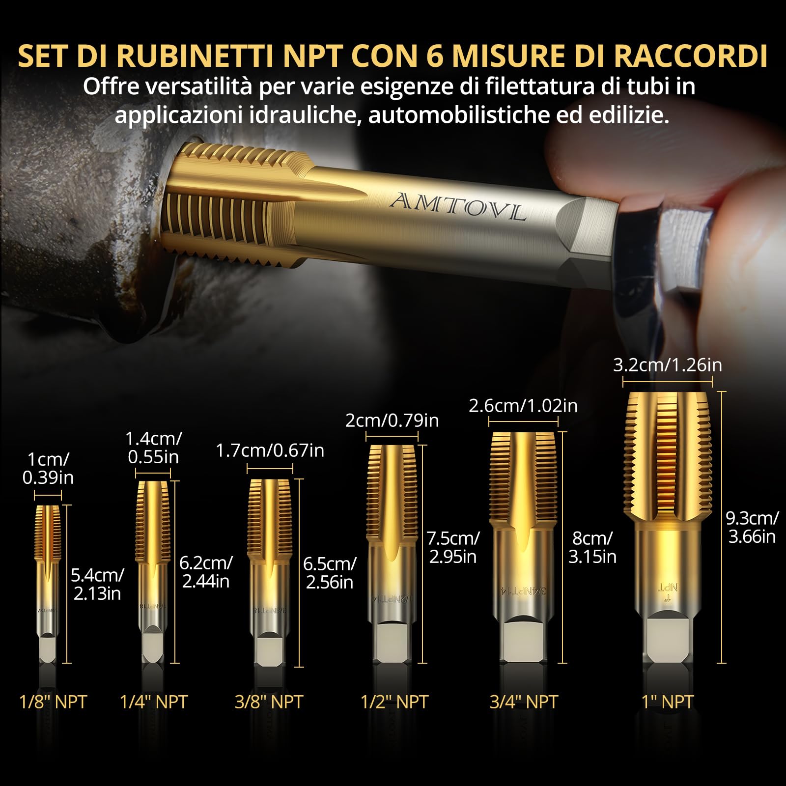 AMTOVL 6 PZ Set di Rubinetti per Tubi NPT Kit di Strumenti Idraulici per Filettatura in Acciaio al Carbonio da 1/8", 1/4", 3/8", 1/2", 3/4", 1" per idraulici pulire e rifilare filettature danneggiate