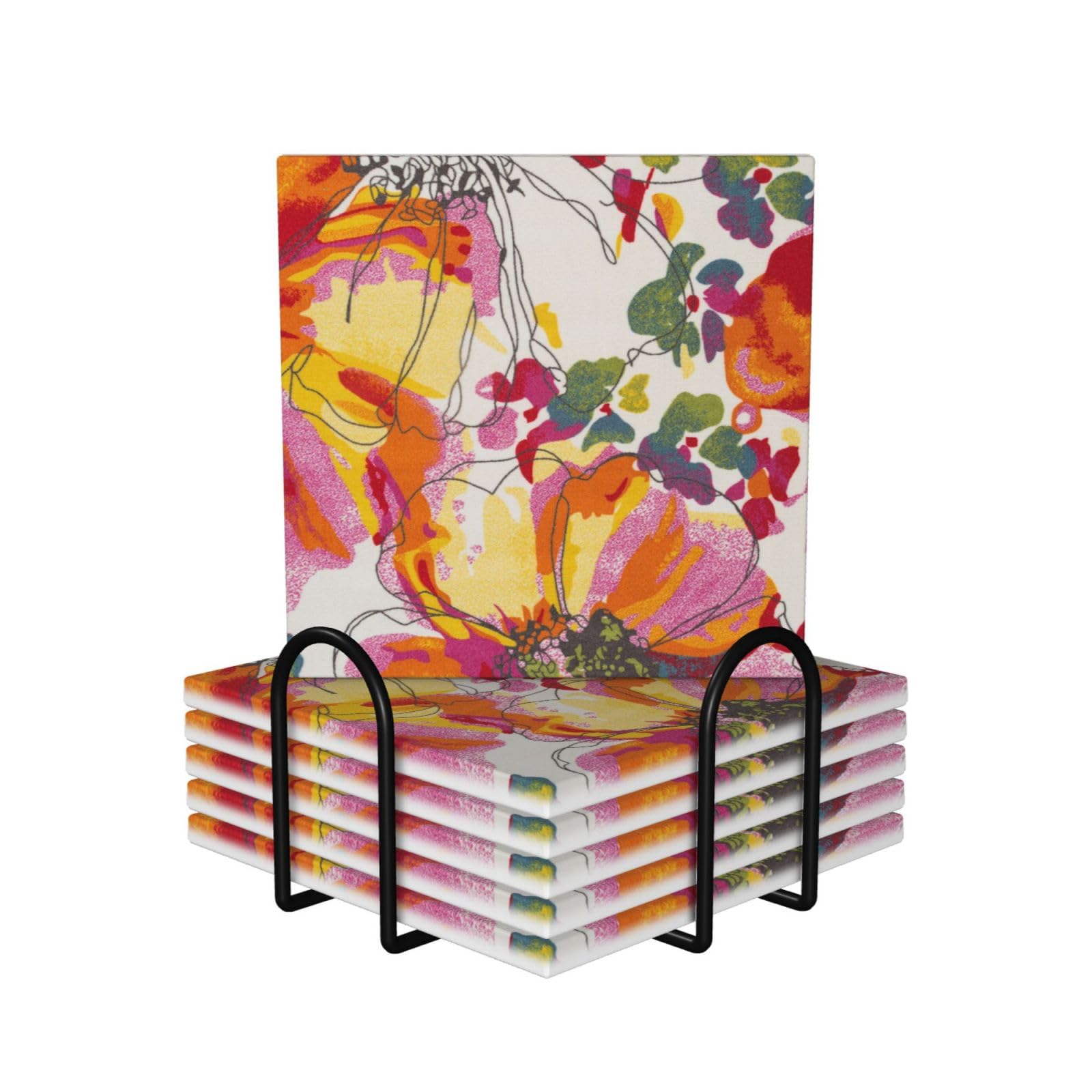 Lot de 6 dessous de verre en céramique avec support pour une décoration de table aux fleurs vives