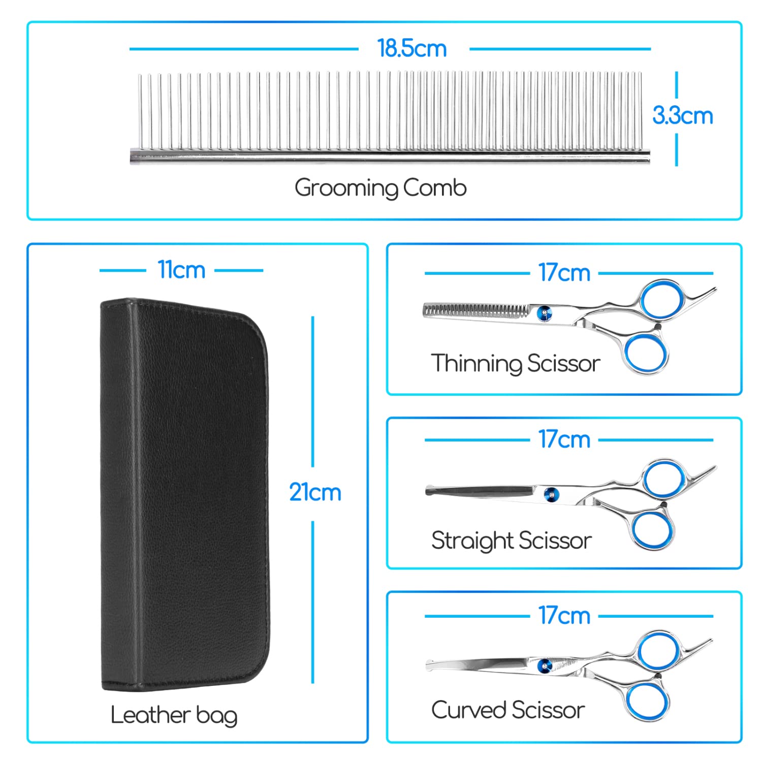 Nobleza Ciseaux pour Chien, Ensemble de 4 Outils Ciseaux Toilettage Chien Professionnel Embout Rond, Cisaille à Effiler/Droite/Incurvé et Peigne, Bricolage Ciseaux Toilettage Chien