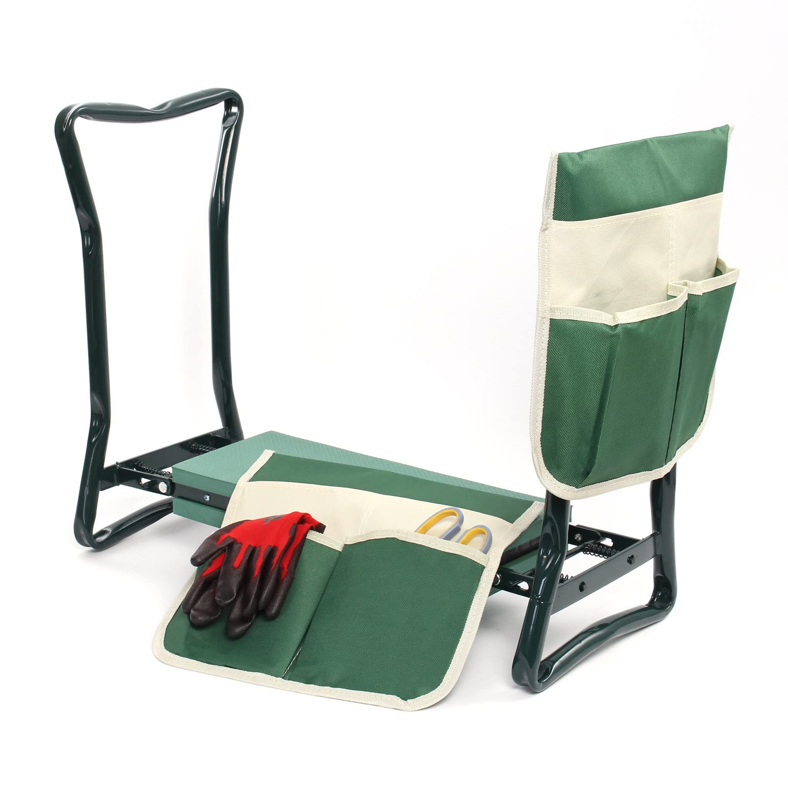 Tabouret de Jardinier 2 en 1 – 650 x 270 x 490 mm – Capacité 150 kg – en Fer et EVA – Agenouilloir de Jardinage Pliable avec 2 Poches, Assise rembourrée, Siège Jardinier