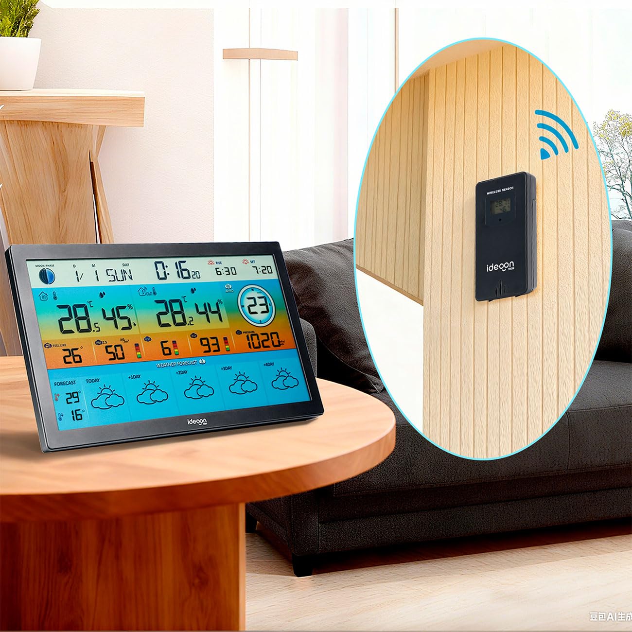 ideoon WLAN Funk Wetterstation mit XXL-Farb-Display – 5 Tage Wettertrend, Thermometer/Hygrometer, Feinstaub & UV-Index, Barometer, Tuya App