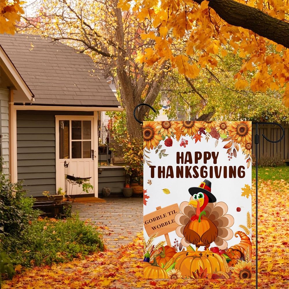 MEHOFOND Fall Happy Thanksgiving Garden Flag, Double Sided for Outside Pumpkin Turkey Gobble Til Wobble Maple Leaves Give Thanks Turkey Seasonal Autumn Yard Decoration 12x18in - Image 5