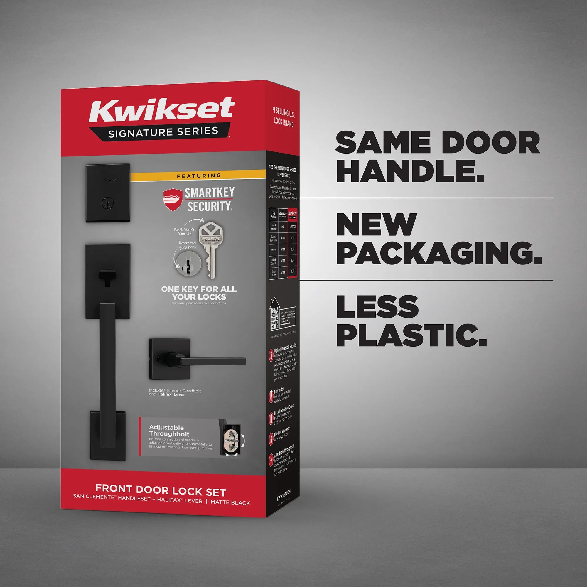 Kwikset San Clemente Zestaw klamek do drzwi przednich i zasuwy, klamka do drzwi wejściowych na zewnątrz z wewnętrzną dźwignią odwracalną, matowa czerń, odporny na wybór SmartKey Rekey Deadbolt