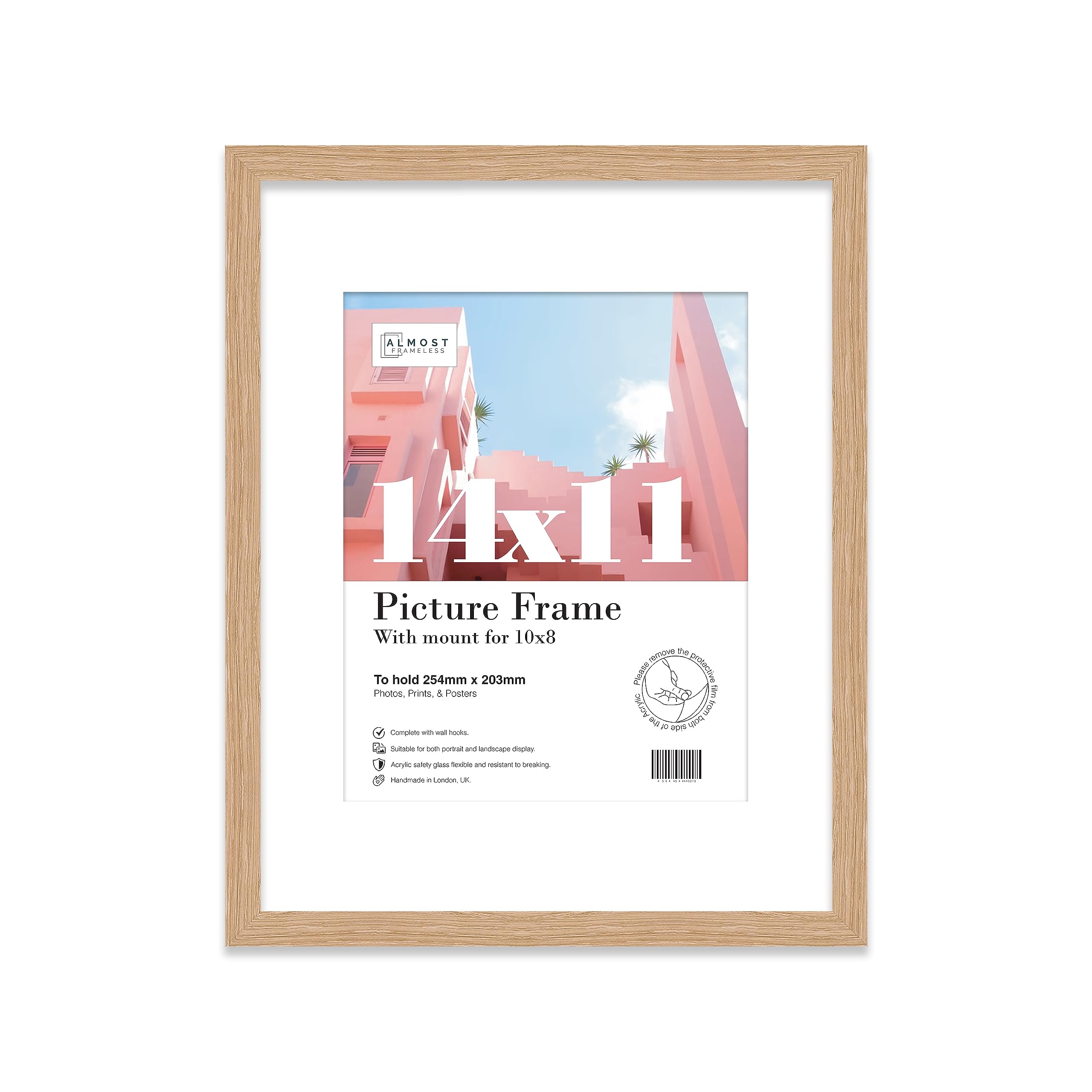 Almost Frameless 14x11 Oak Picture Frame With Mount for 10x8 Print, Poster or Photo Poster, Photo, Artwork, or Print. Thin Edge Slim Frame Portrait and Landscape Display with Wall Hooks