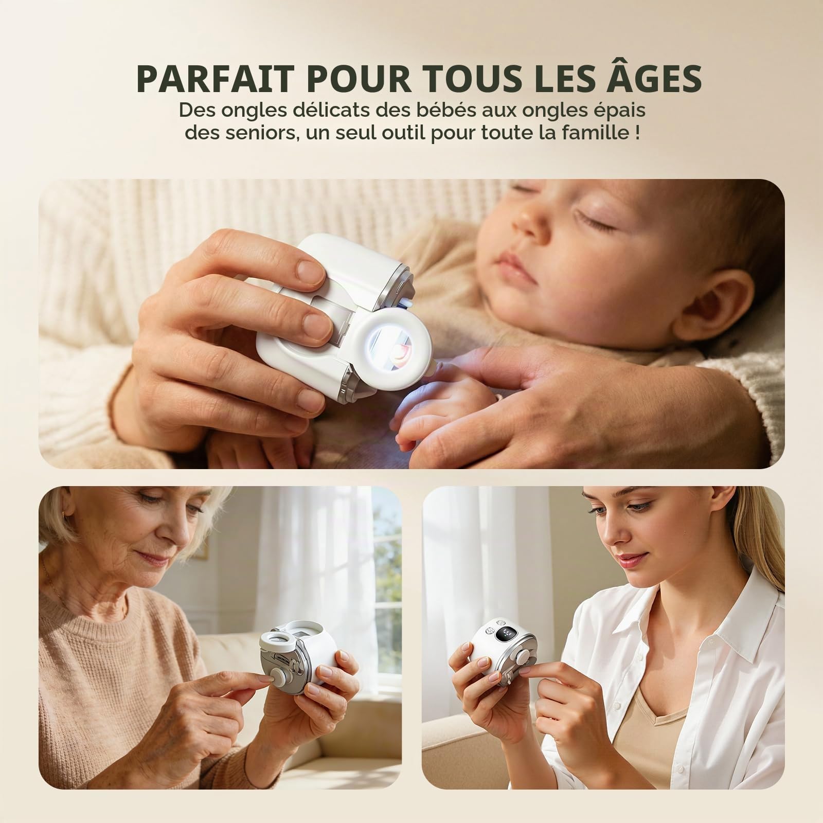 Coupe Ongle Électrique, Coupe-ongles automatique avec loupe à lumière LED, Coupe et Polissage automatiques + Rangement pour les résidus d'ongles, 3 Vitesse + écran numérique (Blanc)