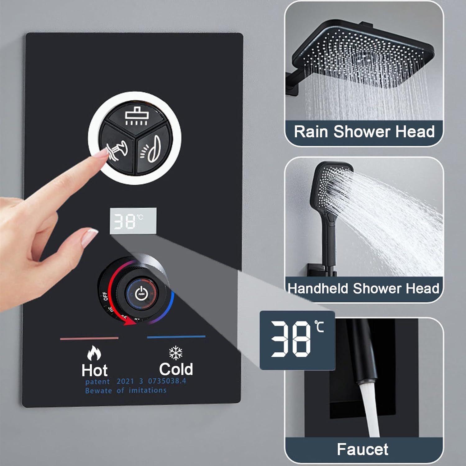 Rain Shower System, Black Bathroom Shower Faucet Set Digital Display Shower Fixtures 3 Functions Shower Kit with Valve and 3 Modes Handheld Shower Head, Swivel Faucet