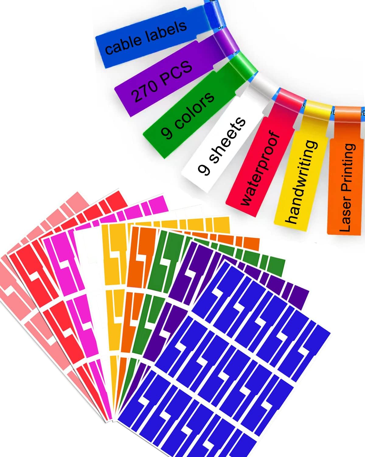 270pcs Cable Labels, 9 Colors Colorful Cord Labels, Self