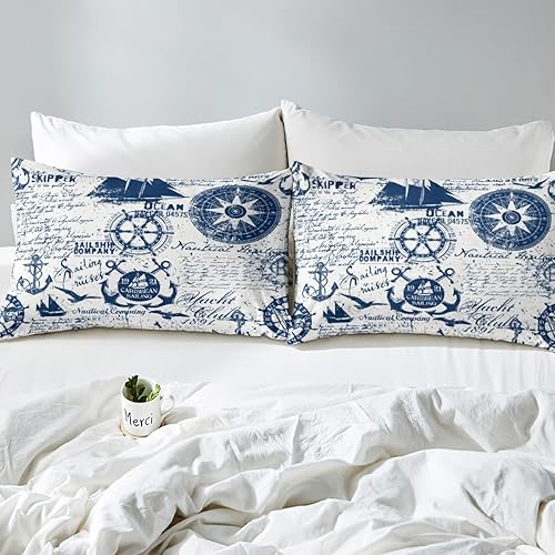 Miniatura 5 de jejeloiu Juego de sábanas decorativas de ancla para niños, tamaño Queen, con estampado de timón, sábanas temáticas náuticas con sábana bajera