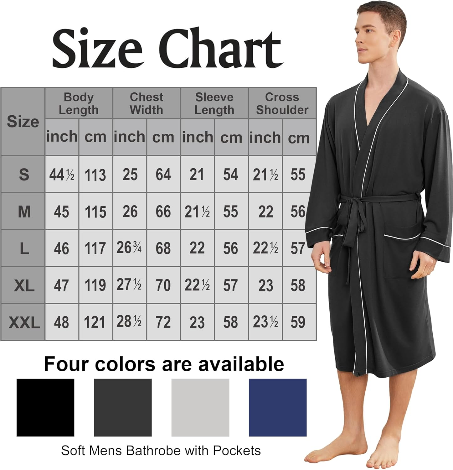 Mens Lightweight Robe, Knit Kimono Bathrobe Spa Sleepwear Soft Knee Length Robe With Pockets - Image 5