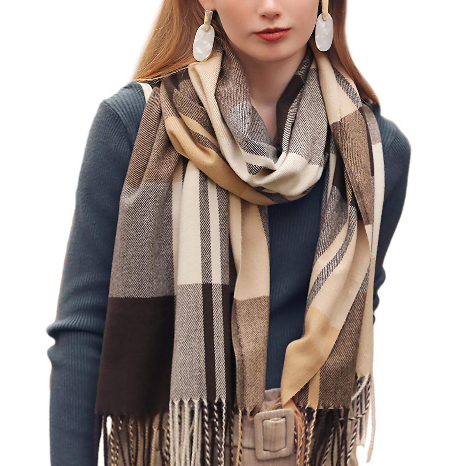 Minicoco Women's Brown Yellow Scarves Soft Pashmina Shawls And Wraps Winter Tartan Scarf Warm Wool British Style Spinning Tassel Shawl Stole For Scarf Gifts For (65 * 185Cm, )