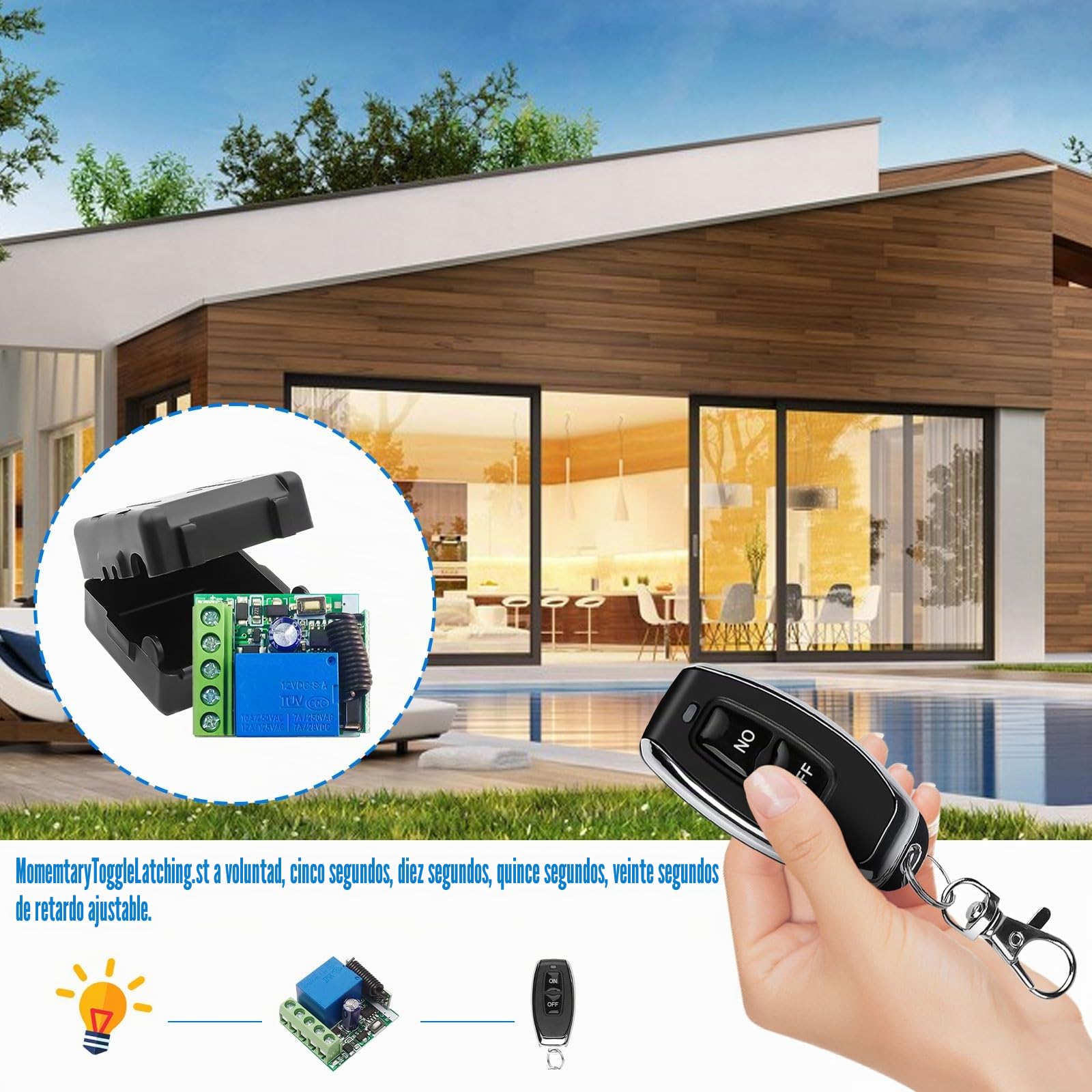 Mando a distancia inalámbrico 433MHz DC 12V 1CH RF Relé receptor módulo con transmisor de larga distancia para puerta de garaje (2 receptores + 5 mandos a distancia)