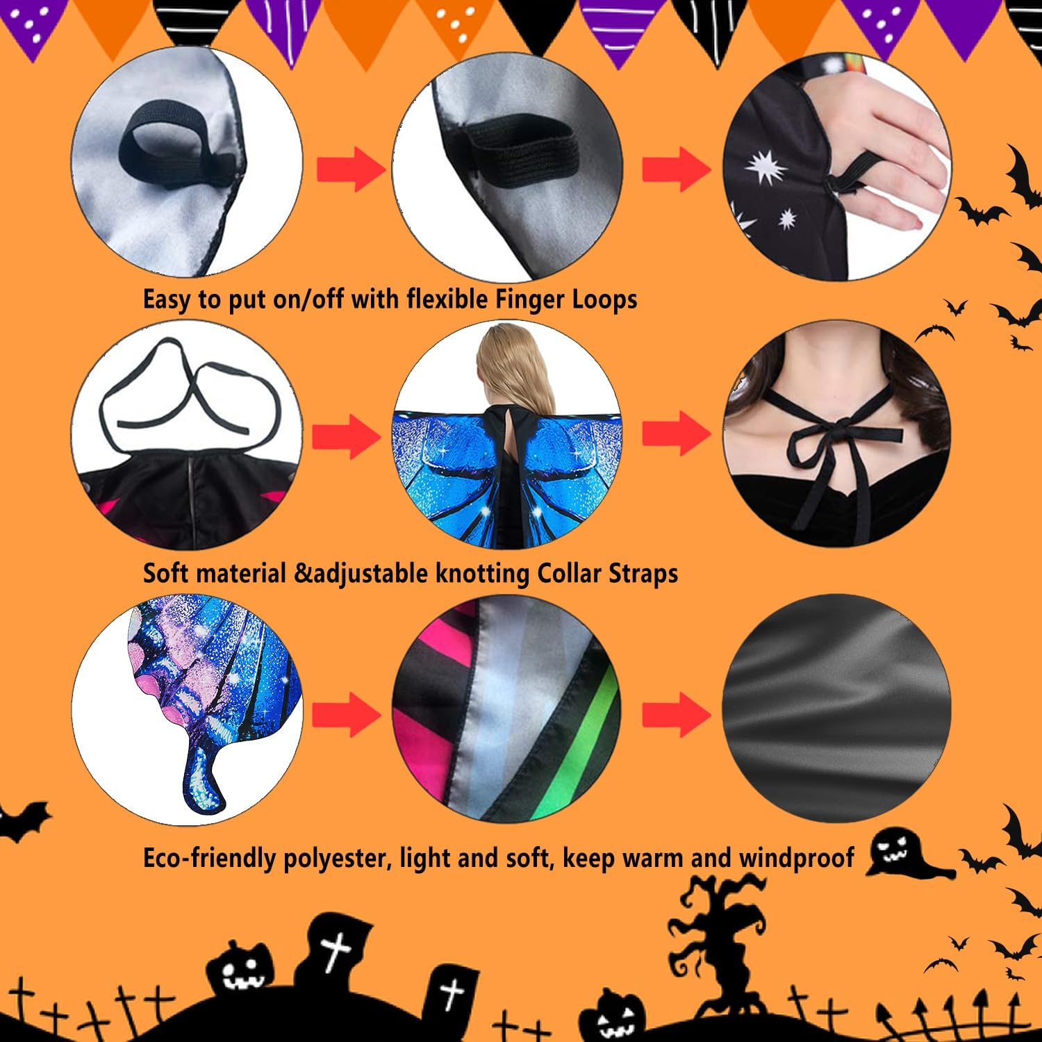 Butterfly Costume for Women, Adult Butterfly Wings Halloween Party Costume with Lace Mask and Antenna Headband - Image 6