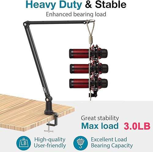 Miniatura 3 de Aveek - Soporte de micrófono con brazo de brazo, brazo de micrófono de metal ajustable para HyperX QuadCastBlue YetiShure SM7BRode NT1, soporte de