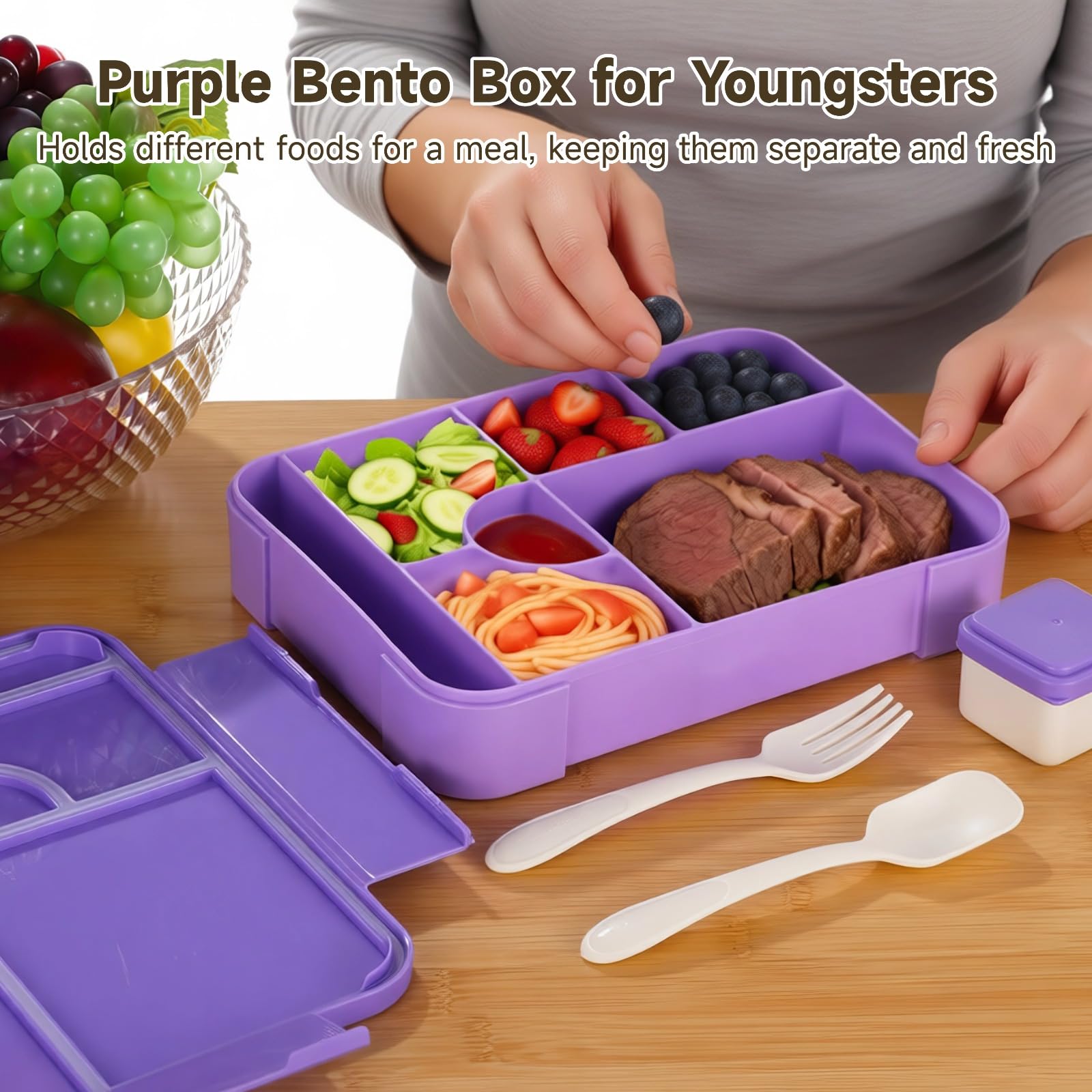 Bento-Box in Lila, Lunchbox mit 7 Fächern und Soßendose, Löffel und Gabel, 44,98 fl oz, auslaufsicher, leicht, einfach zu reinigen, wiederverwendbarer Snackbehälter für Arbeit und Picknick