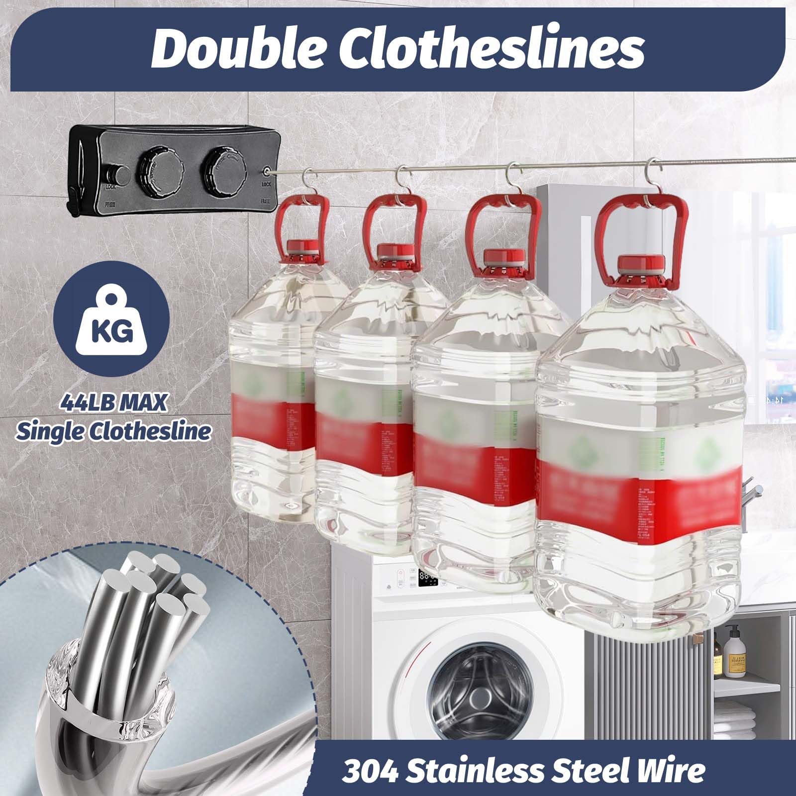 Corde à Linge Rétractable pour Intérieur et Extérieur, 2 x 5.1M Acier Inoxydable Fil a Linge Retractable, Étendoir à Linge Gain de Place (Noir)