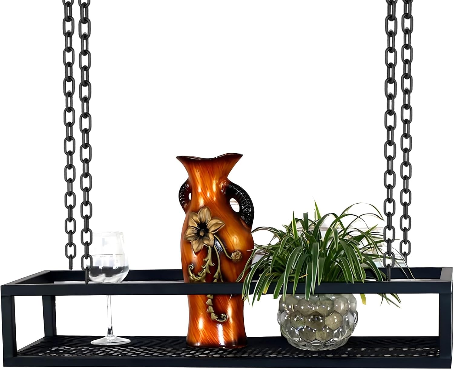 Height Adjustable Industrial Ceiling Shelf, Hanging Plant & Flower Pot Rack, Wine Glass Holder for Kitchen, Bar, Restaurant Decor - 60x25x15cm