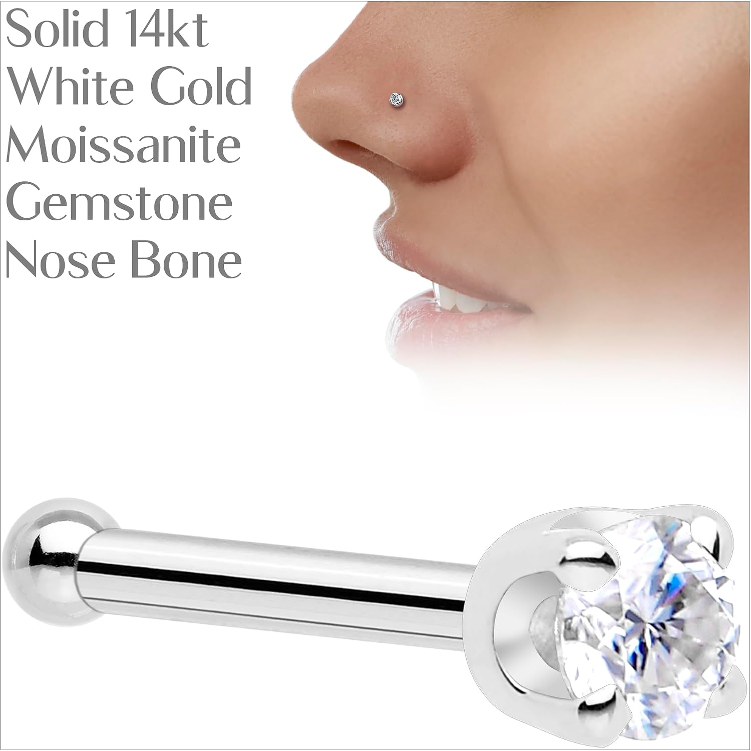 Body Candy 14k Solid Gold Nose Ring Stud - 2mm Moissanite Bone 18/20 Gauge Piercing Jewelry for Women, Men