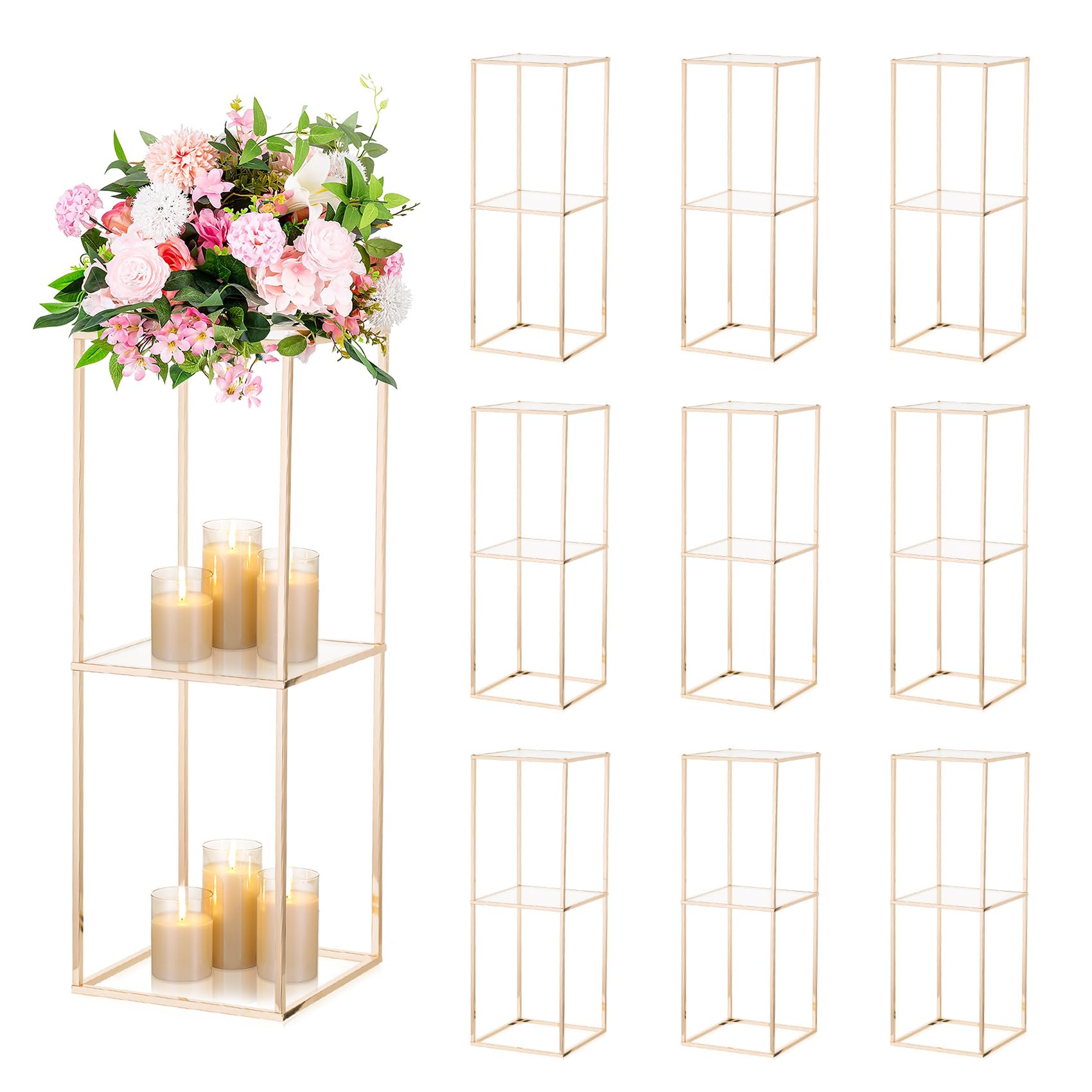 NUPTIO Gold Flower Stand for Centerpieces: 10 Pcs 2-Layer 31.5 inch Tall Stand Pedestal Table with Acrylic Panel Metal Floor Vases Cylinder Stands for Wedding Centerpiece Party Decoration