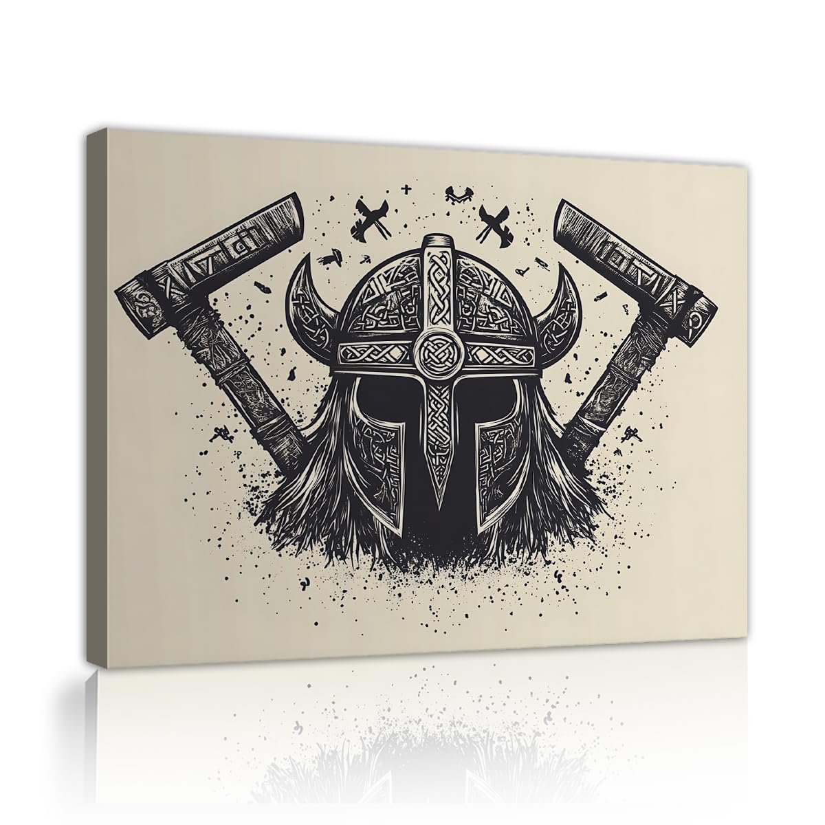 TOANGWALL Viking Helmet Canvas Wall Art Norse Warrior Crossed Axes Retro Tattoo Style Print Black Beige Tribal Graphic Poster for Bar Lounge Study Decor 50x60cm