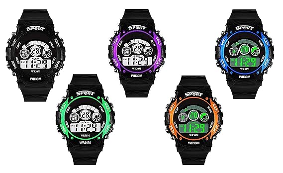 Swadesi Stuff Combo of 5 Digital Black Blue Orange Green Purple Dial - Kids Sports Watch for Boys and Girls
