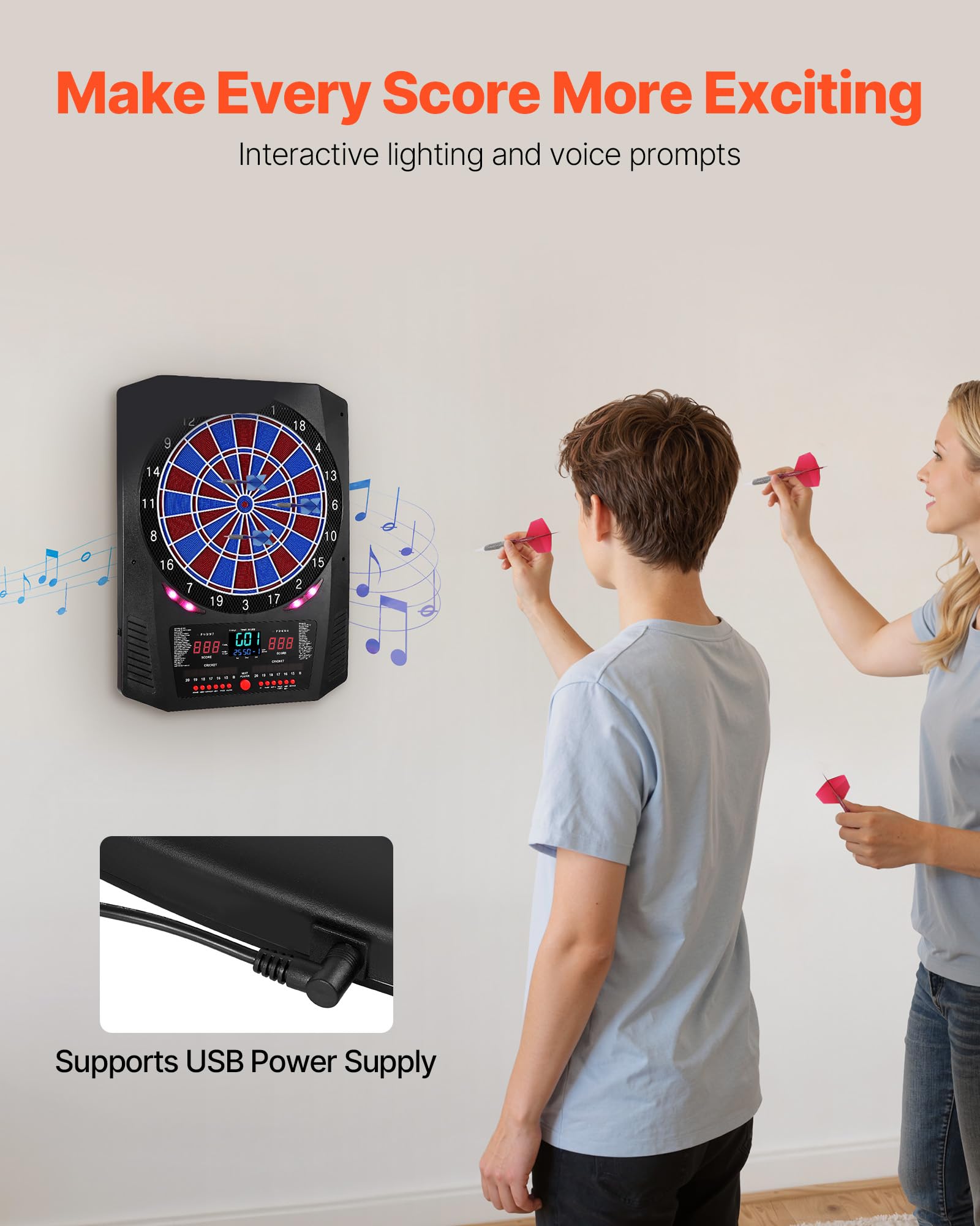 VEVOR Diana Electrónica 43 Juegos 200 Variantes 8 Jugadores 6 Ejes Dardos Marcador LCD PP ABS 517 x 424 x 30 mm