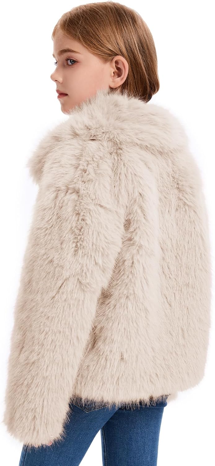 Flygo Girls Faux Fur Coat Kids Fluffy Long Sleeve Lapel Collar Open Front Jacket Warm Winter Shaggy Outwear with Pockets - Image 3