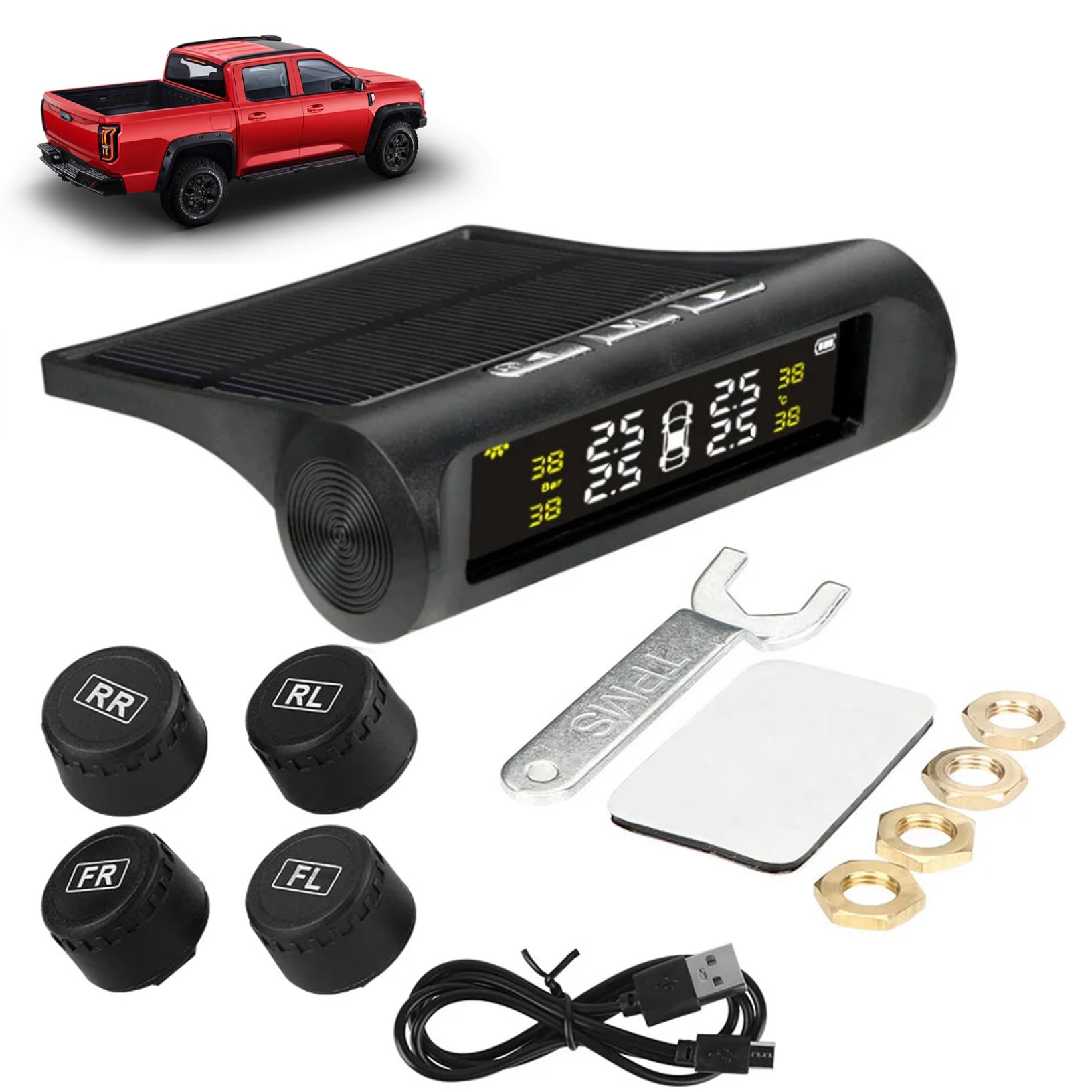 Sistema di monitoraggio della pressione dei pneumatici Sistema di monitoraggio della pressione dei pneumatici solare wireless con sensori esterni Modalità di allarme per auto