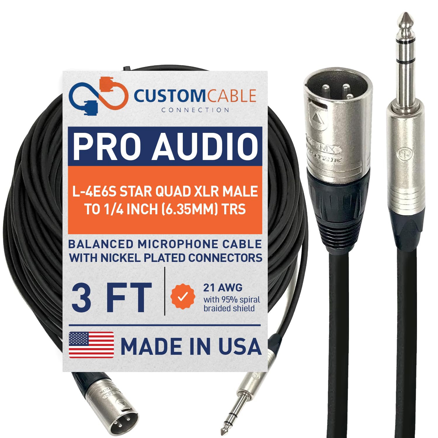 3 Foot Canare L-4E6S Star Quad XLR Male to 1/4