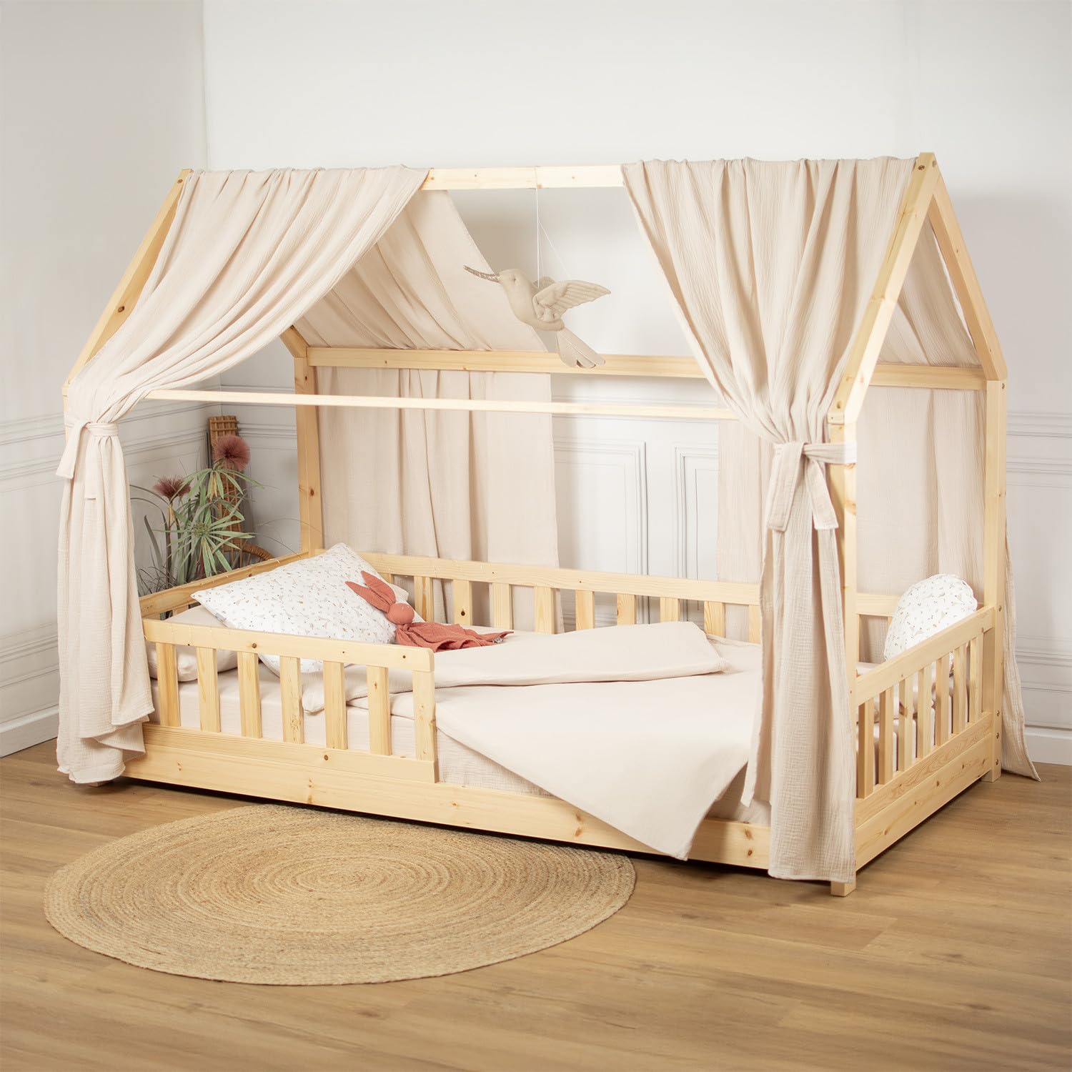 Sevira Kids - Set Double Ciel de lit cabane en Gaze de Coton - 130x420 cm Made in France
