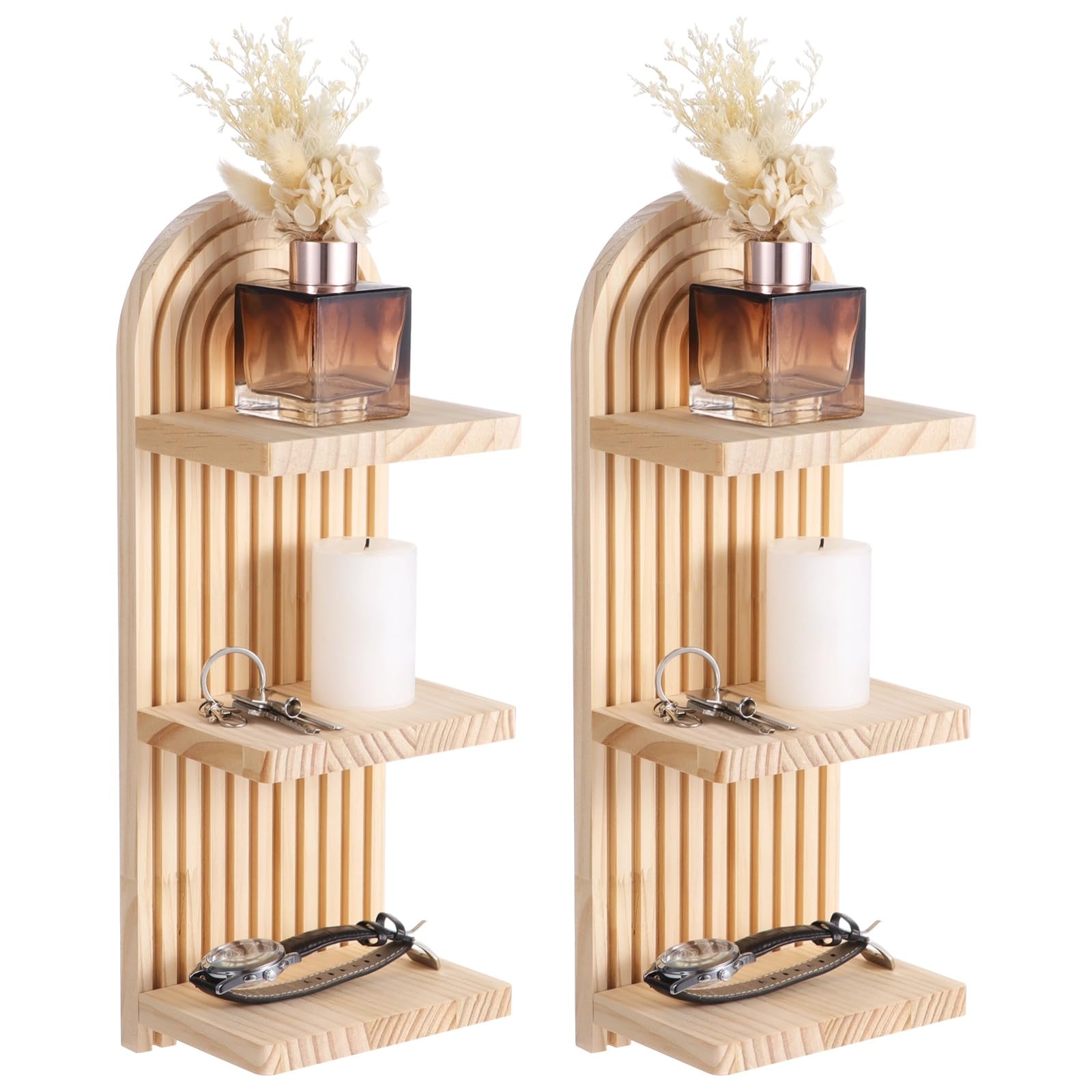 Photo 1 of NIMBLOOM 2 Pcs Boho Wall Shelf, Arched Wood Floating Shelf 3 Tier, Arch Wall Decor, Bohemian Style Wooden Wall Mounted Storage Shelf for Living Room, Bedroom, 5.9 x 4.3 x 15.7 in