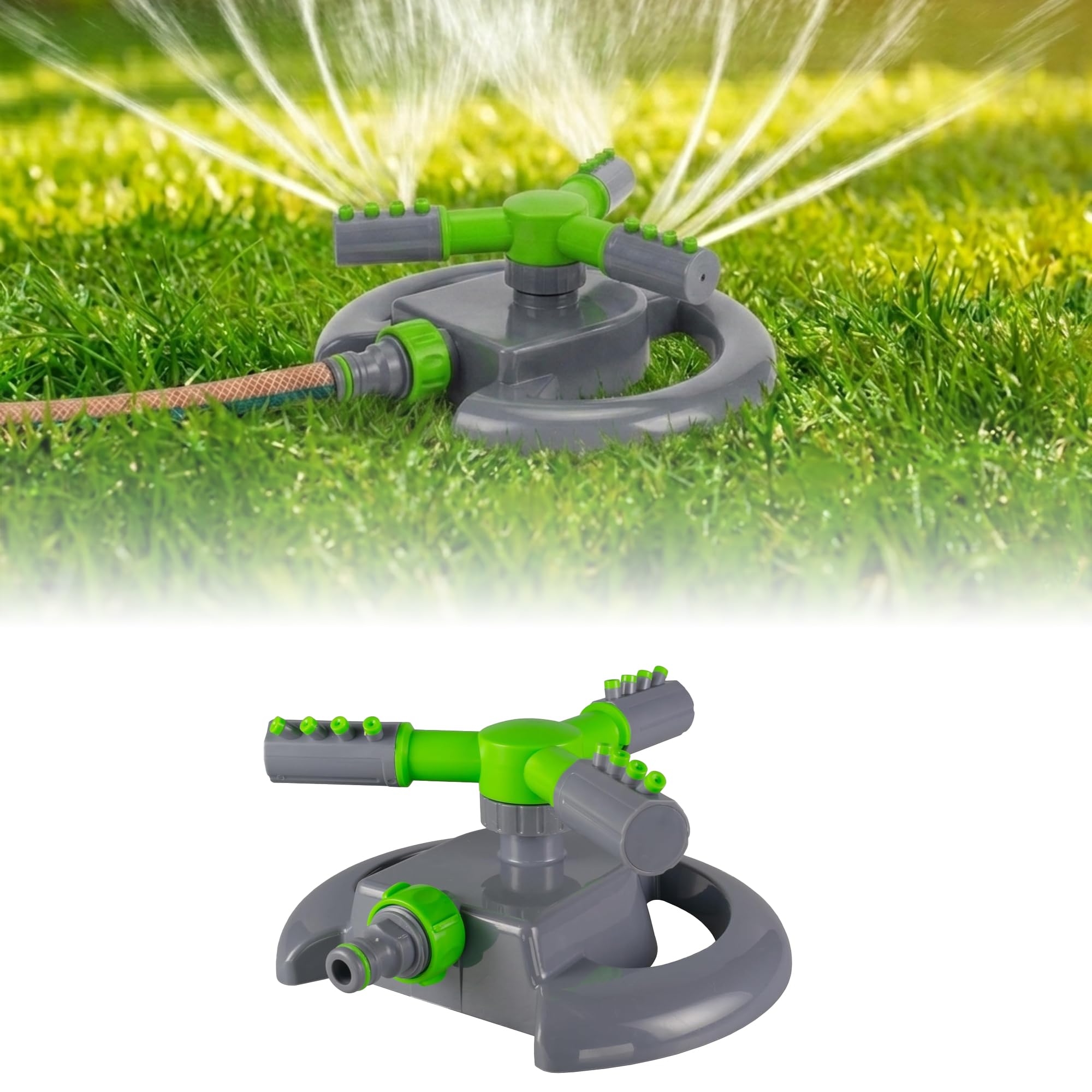 GARDENIX 3-Arm Adjustable Rotating Lawn Sprinkler, Grey/Green, Click-Lock Quick Connection, Up to 85 mยฒ Coverage Grass Lawn Plants Veggies