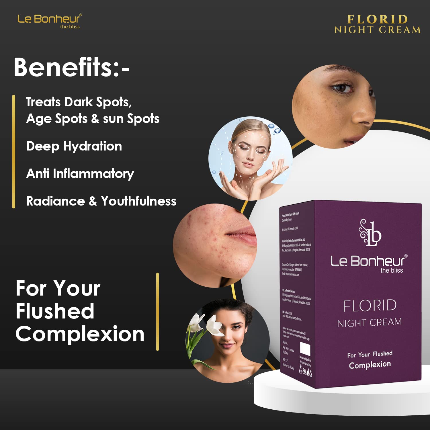 Le Bonheur Florid Night Cream | Brightning & Pulping Skin | Vitamin B9, Allantoin, Chamomile | For Men or Women & All Skins Types | 50 ml 1