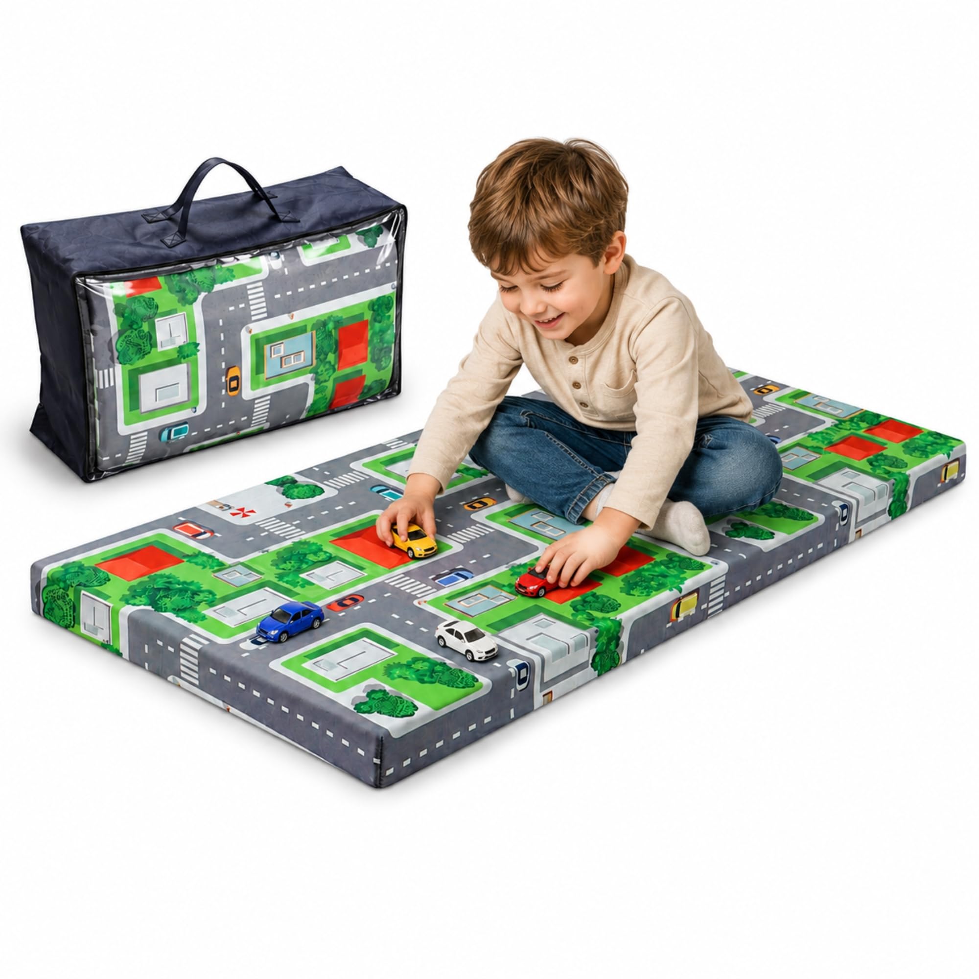 Arensberger Matelas de voyage pour enfant - 60 x 120 cm - 6 cm d'épaisseur - Matelas pliable pour bébé et enfant avec motif urbain - Mousse gel Nanocell avec housse amovible et sac de transport
