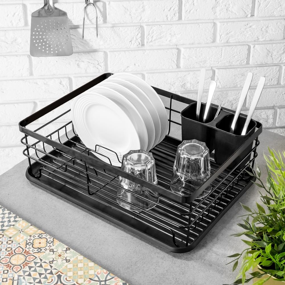 Vilde Escurridor de platos con soporte para cubiertos, de metal y plástico, 43 x 32 x 14,5 cm