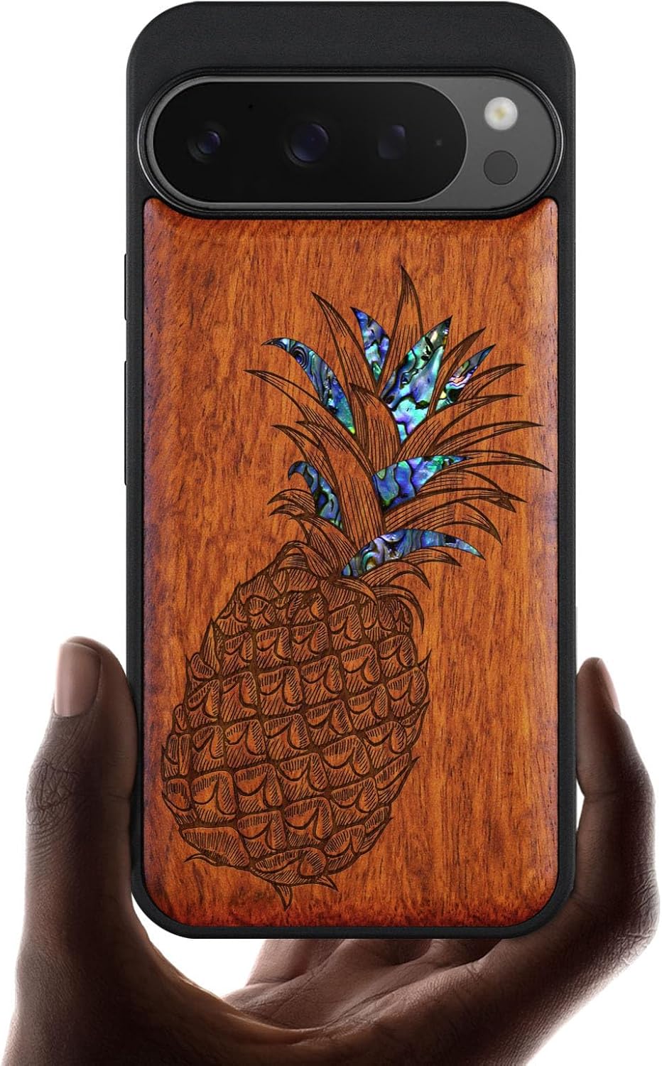 Carveit Magnetic Wooden Case for Google Pixel 9 Pro XL Case, Wood Artisan Engraved & Handmade Shell Inlaid, Compatible with MagSafe Wireless Chargers, Pineapple - Rosy