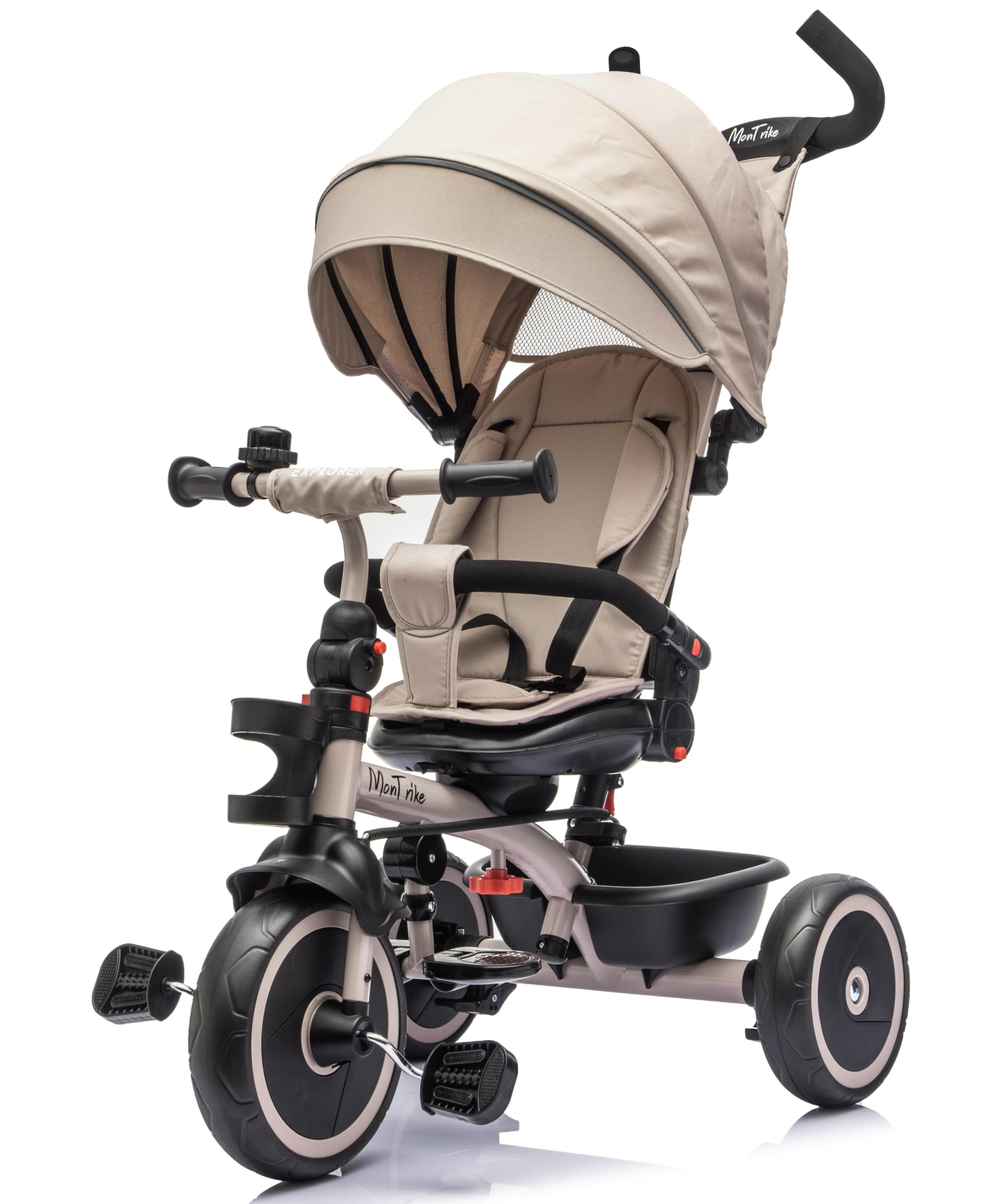 MonTrike Triciclo Explorer Gioco Evolutivo da 12 mesi a 5 anni Reclinabile 4 in 1 fino a 25 kg Sedile Girevole con Accessori e Ruote in Gomma Eva (Cappuccino)