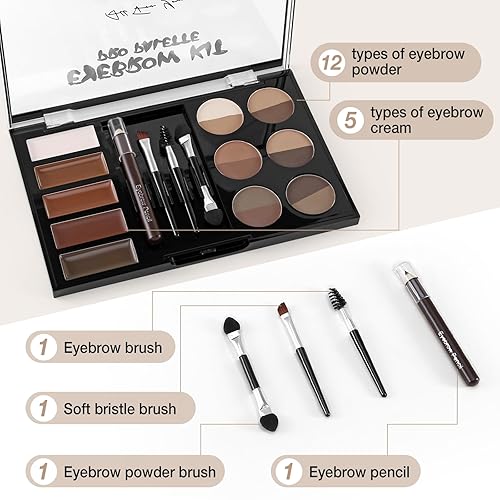 Miniatura 2 de Juego de paletas de polvo para cejas, 12 colores de polvo de cejas, 5 colores de máscara de cejas, 4 plantillas de cejas, cepillo y lápiz de cejas,