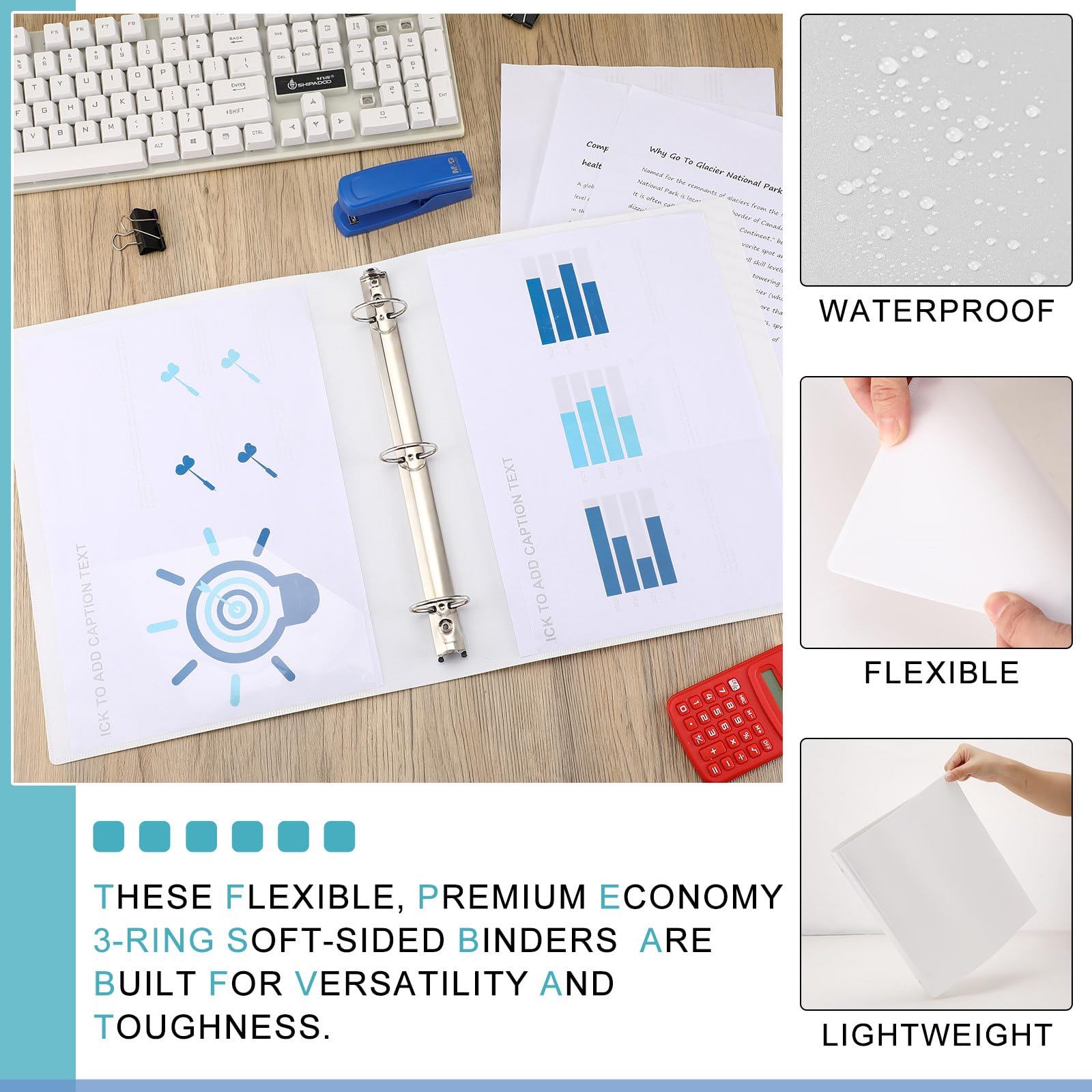 Fulmoon 12 Pcs Economy View 3 Ring Binder 12.2 x 9.8 Inch Plastic Round Ring Binders with Pockets Notebinder for Meetings for Home, Office, School, White (2 Inch)