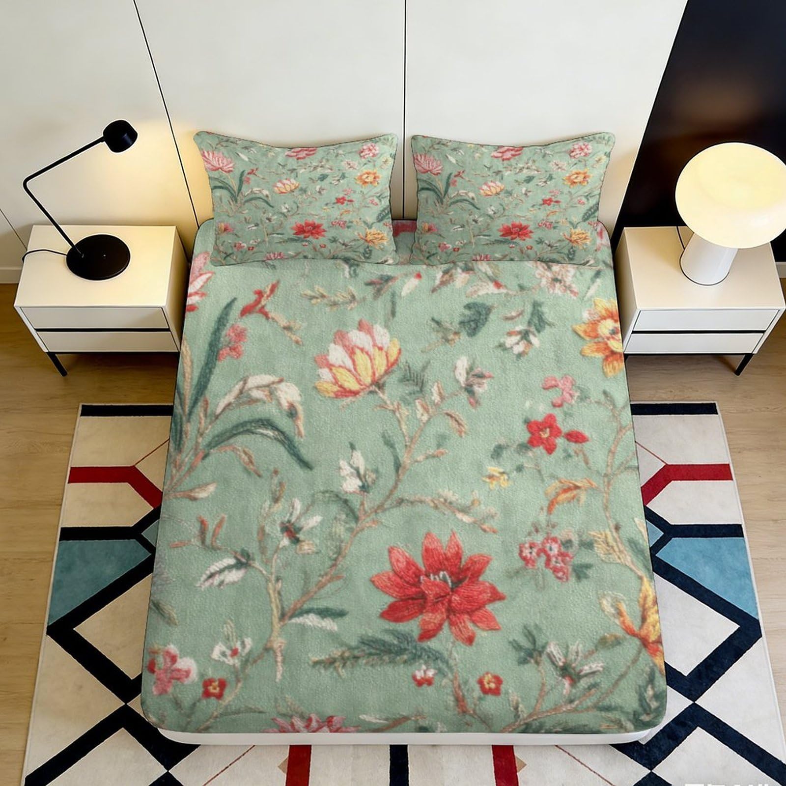 3D Printed Botanical Garden Fitted Sheet Microfiber Soft Floral Lotus Mattress Cover for Bedroom Dorm Decor 90x200x25cm