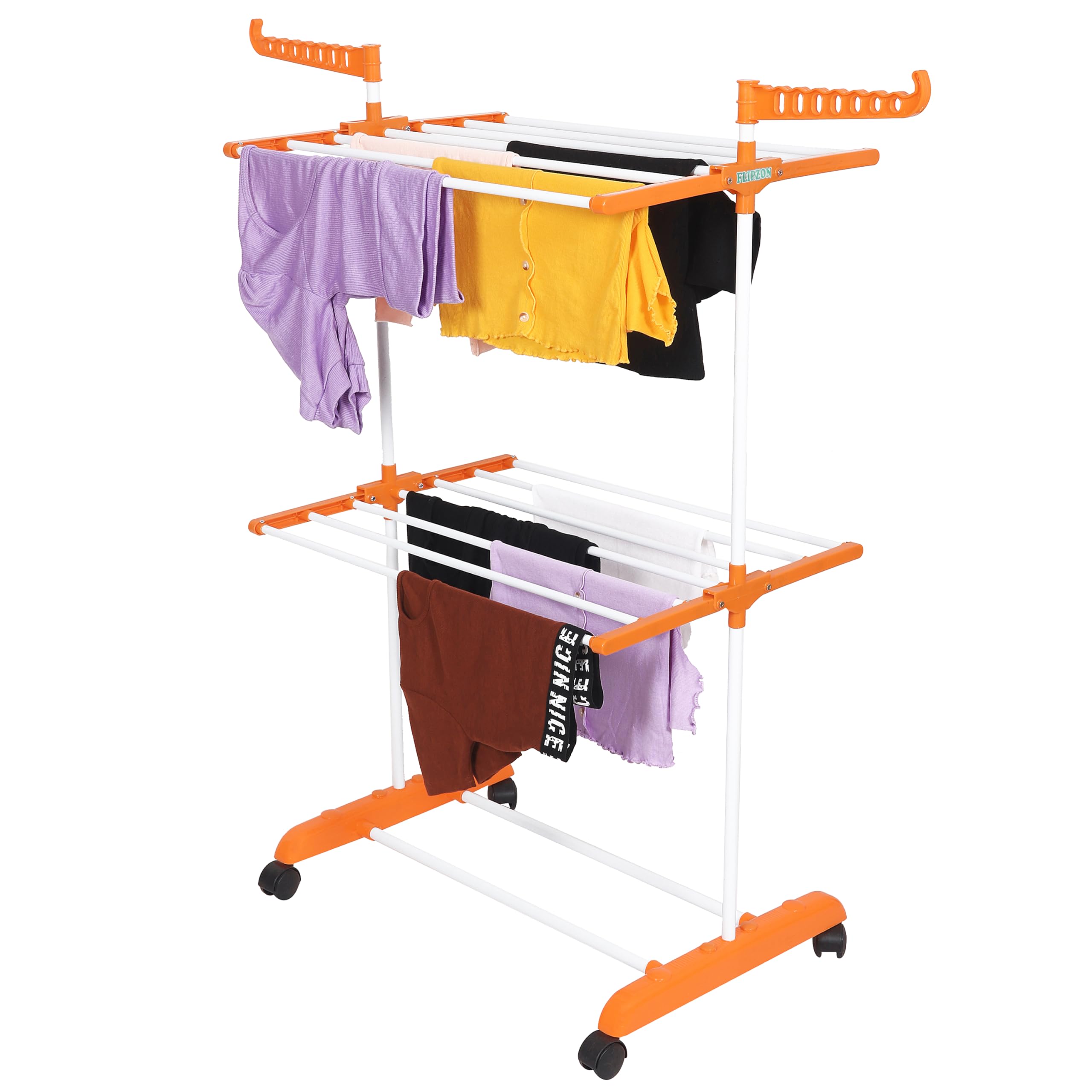 FLIPZON Premium Clothes Stand for Drying with Wheels | Portable | 2 Layer Rack for Balcony | Foldable Wings | 14 Hanger Rods | Alloy Steel & Plastic (White & Orange) (B0CRDV6HC7) Amazon Price History, Amazon Price Tracker
