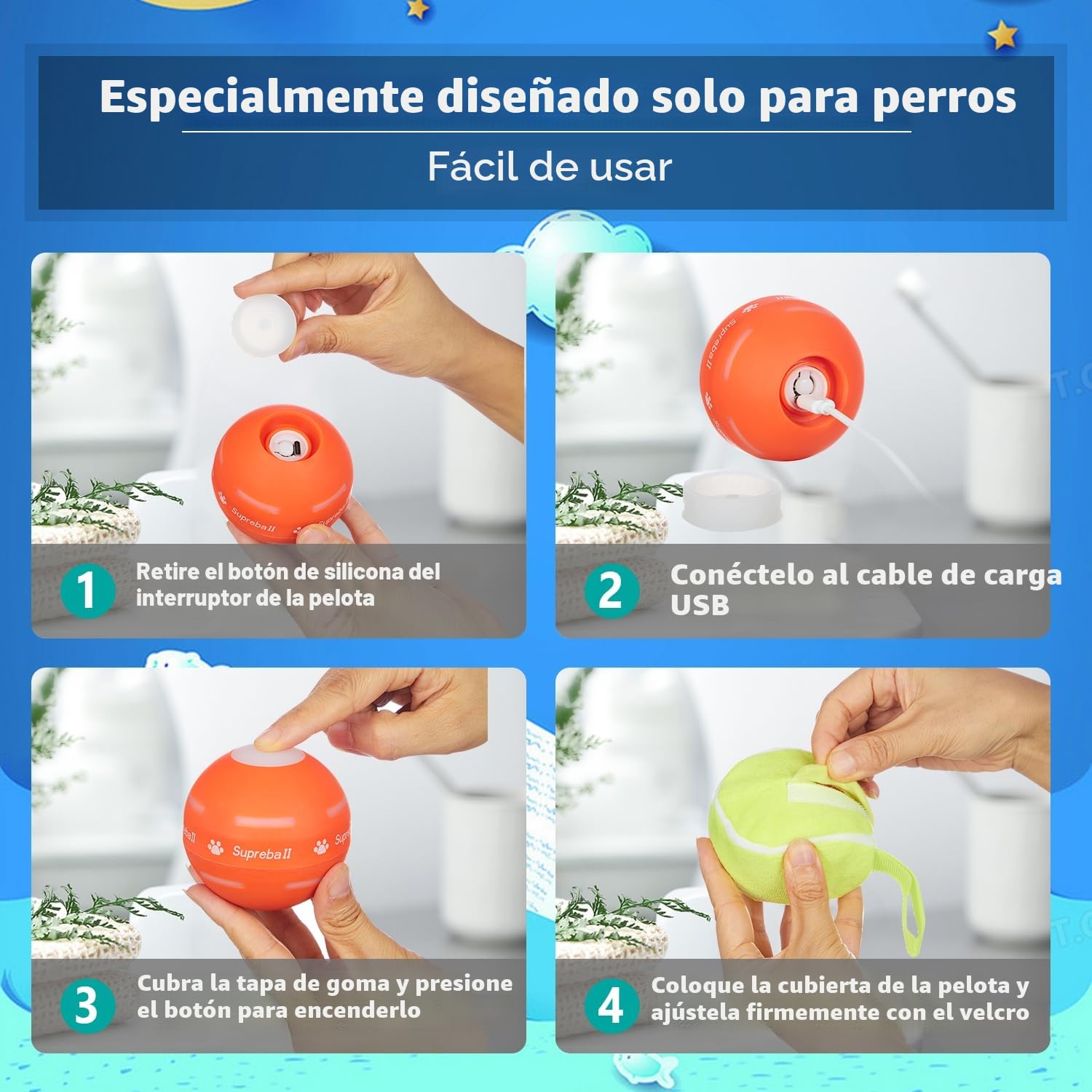 Petiepaw Juguete de pelota interactivo para perros, pelota rodante automática duradera para cachorros/perros pequeños/medianos, recargable por USB (naranja)