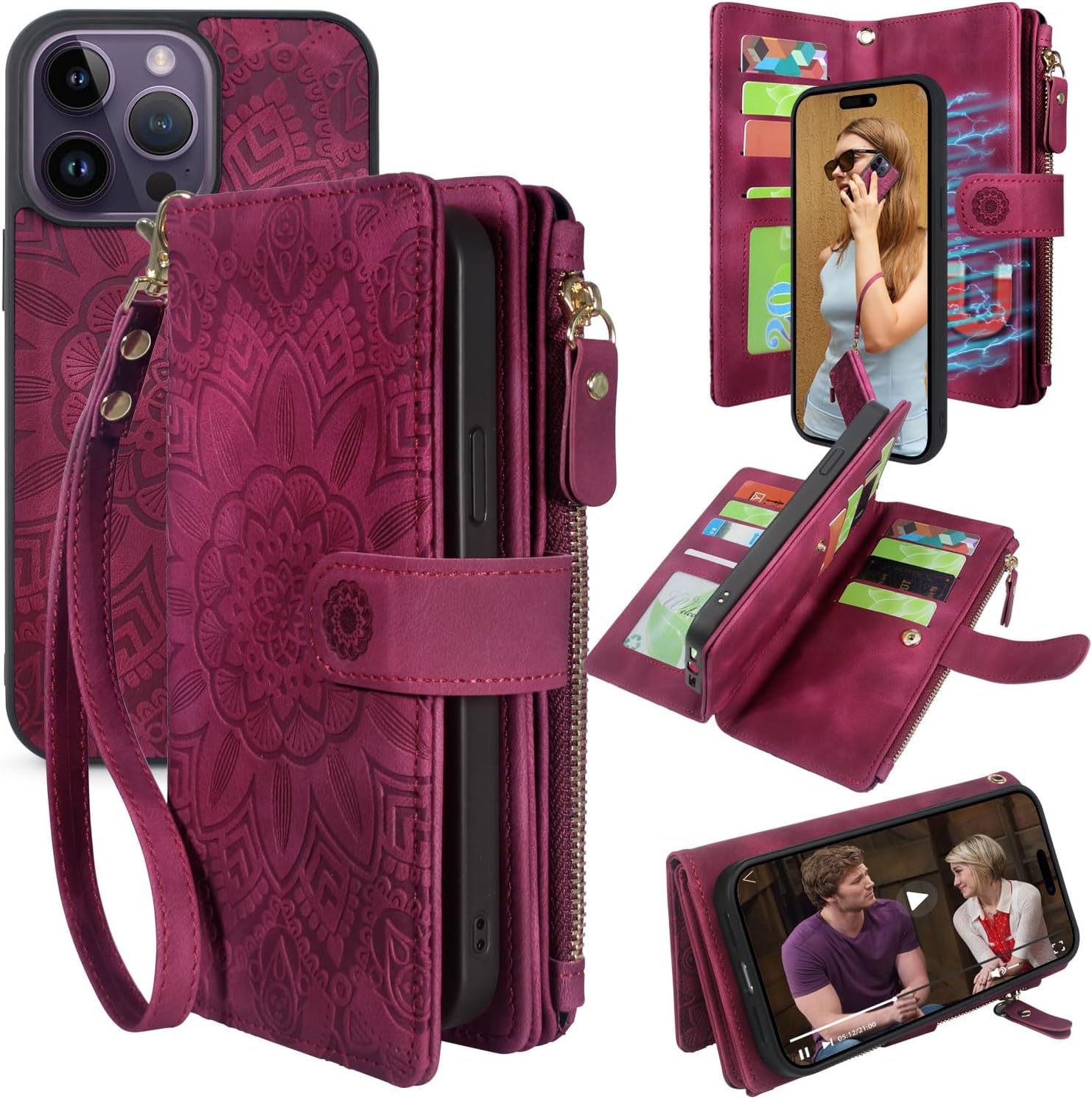 Harryshell Compatible with iPhone 13 Pro Max 6.7 inch 5G 2021 Wallet Case Detachable Magnetic Cover Zipper Cash Pocket Multi Card Slots Holder Wrist Strap Lanyard Floral Flower (Blue Green)