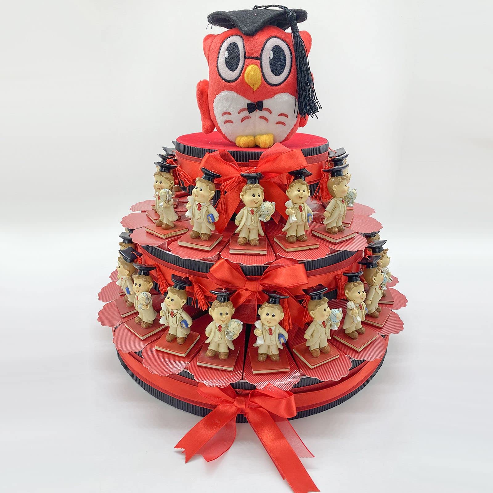 Ingrosso e Risparmio Torta di bomboniere con Gufetto Peluche e statuina Laureato con Tocco.(36 Fette)