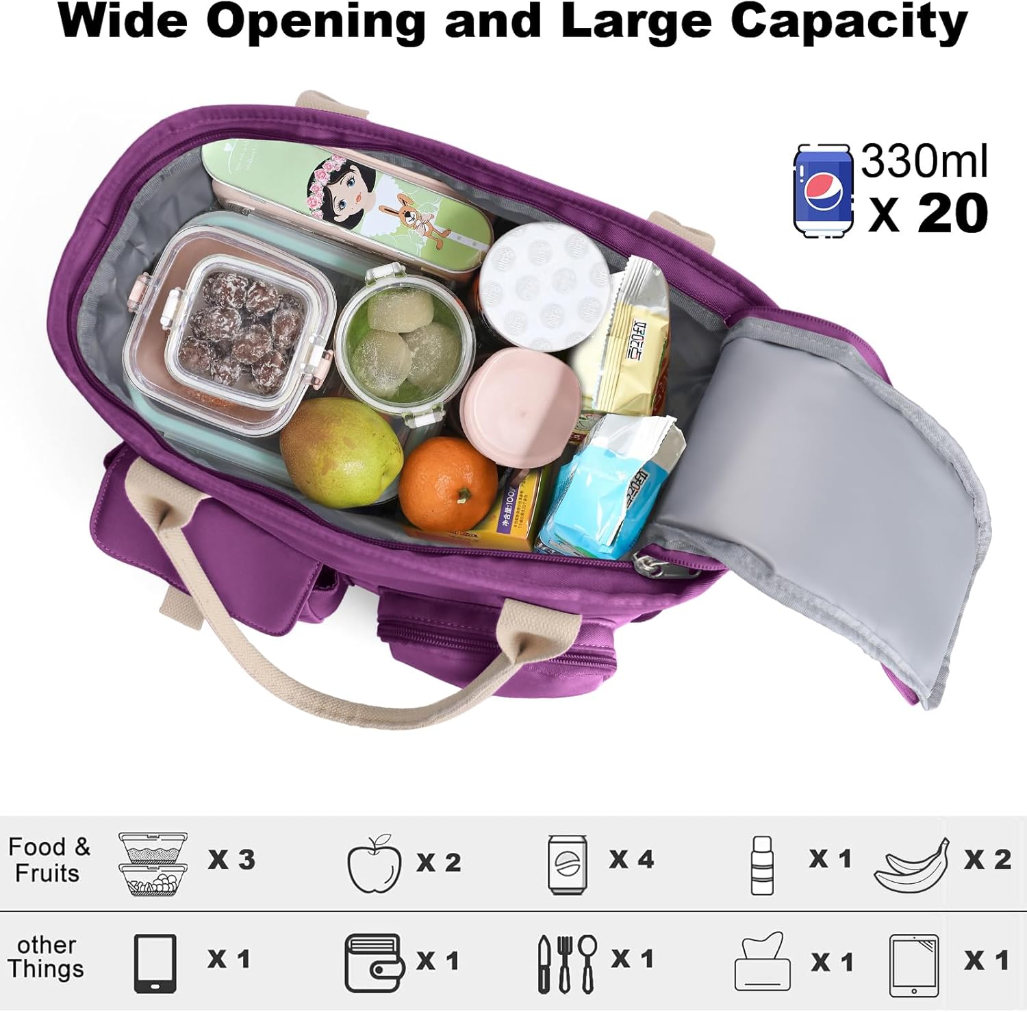 Hafmall Insulated Lunch Bag for Adults, Big lunch box for Womens, Wide Opening Insulated Tote Bag with Shoulder Strap, Reusable Adult Lunch Bag For Work, Picnic(Purple) - Image 3