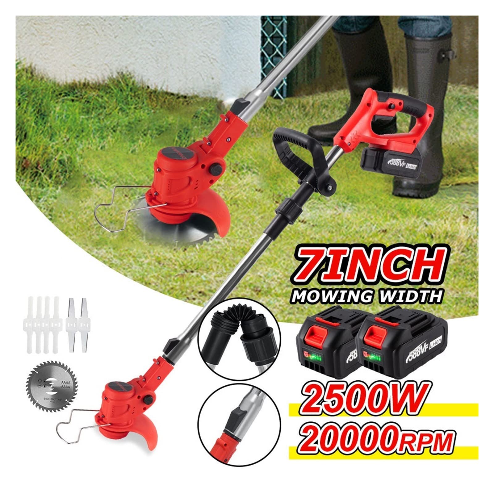 Cortacésped eléctrico de 2500W y 20000RPM, cortadora de césped Plegable, Herramientas eléctricas de Corte de poda de jardín Ajustables for batería de 18v(2 Battery Plug)