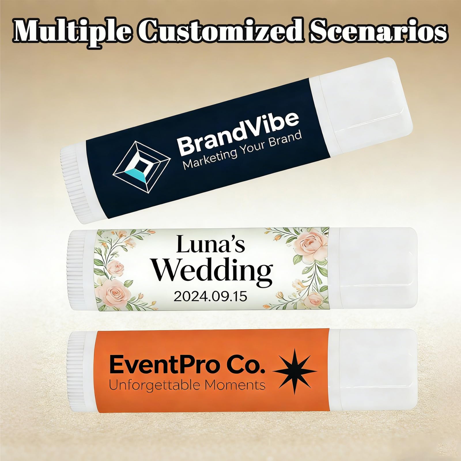 Baume à lèvres personnalisé en vrac avec logo Chapstick personnalisé, articles promotionnels pour cadeaux d'affaires, mariage et événement (100 pièces)