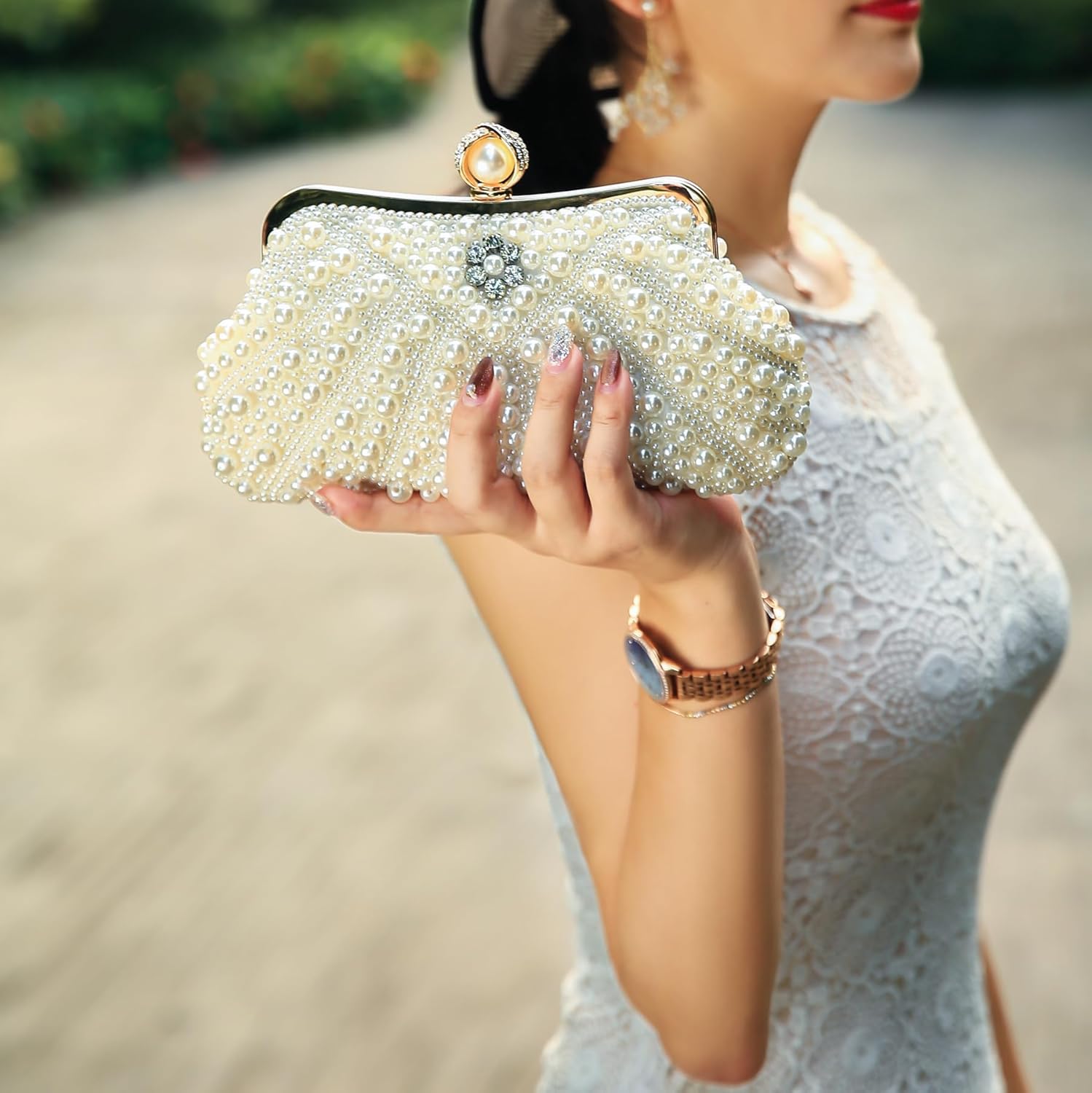 Womens Pearl Evening Clutch Purse - Elegant Handmde Beaded Designer Beige HandBag for Wedding Bridal Party Formal,Elegant Rhinestone Crossbody Shoulder Bag Gift for Lady