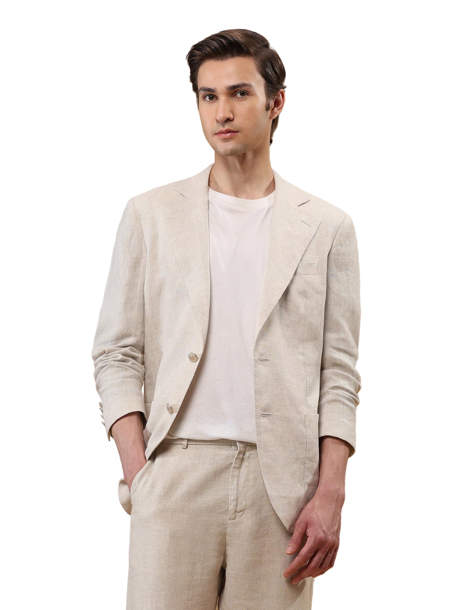 Beige Solid Cotton Linen Regular Fit Men's Blazer
